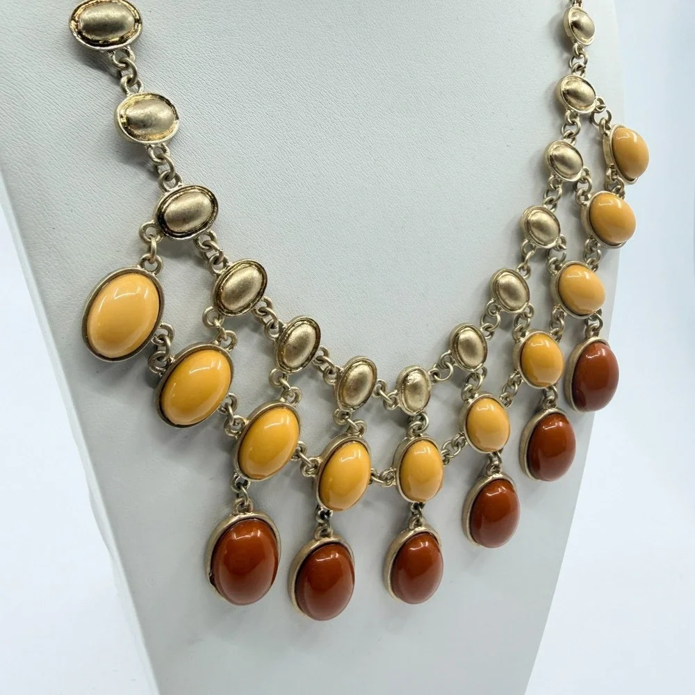 Vintage Amber & Yellow Cabochon Gold Tone Layered Bib Necklace